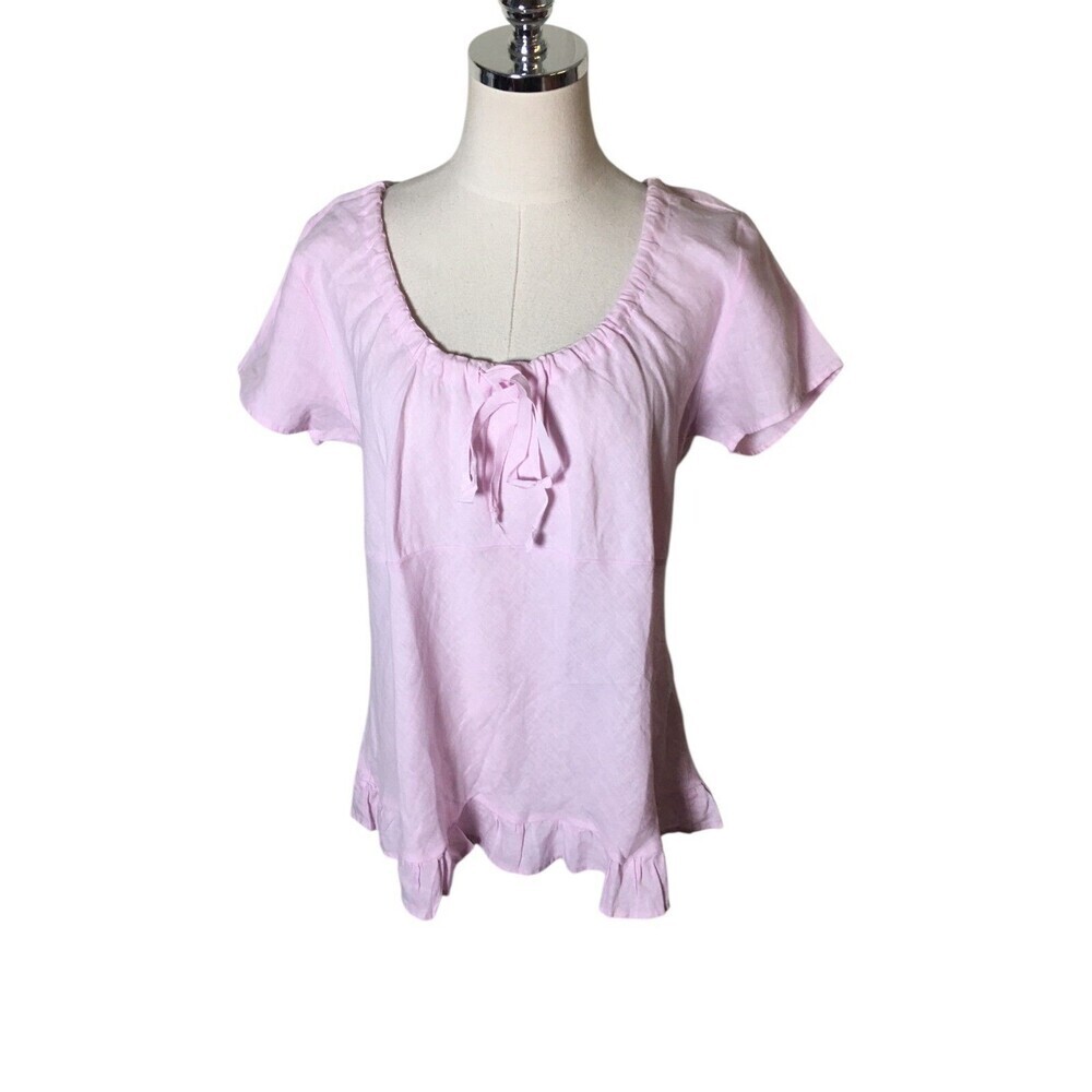 Russ Berens Top Women's Size Large Pink 100% Linen Short Sleeve Drawstring Neck